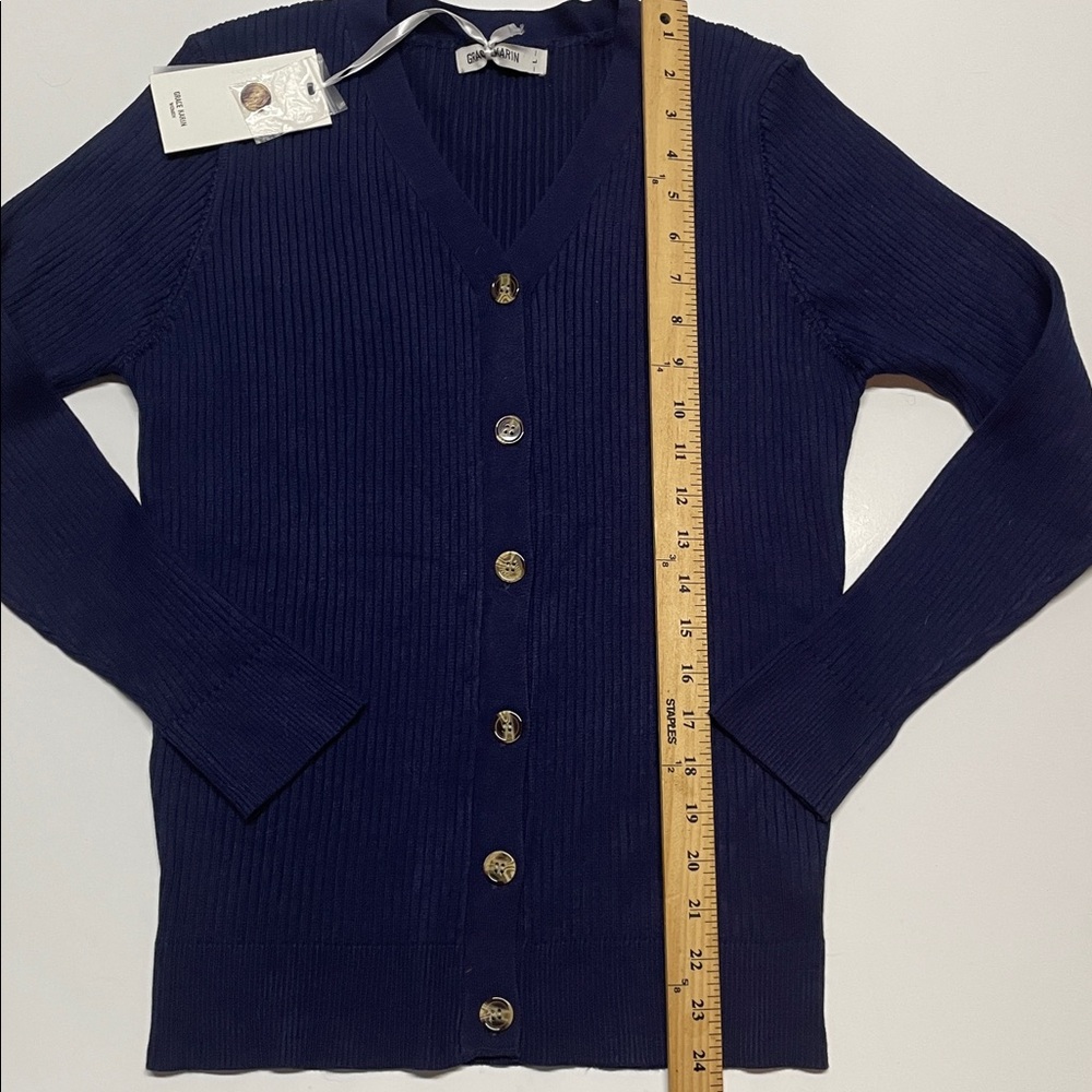 Grace Karin Ribbed Knit Cardigan Navy Blue Button Front Women Size Large - Picture 2 of 6